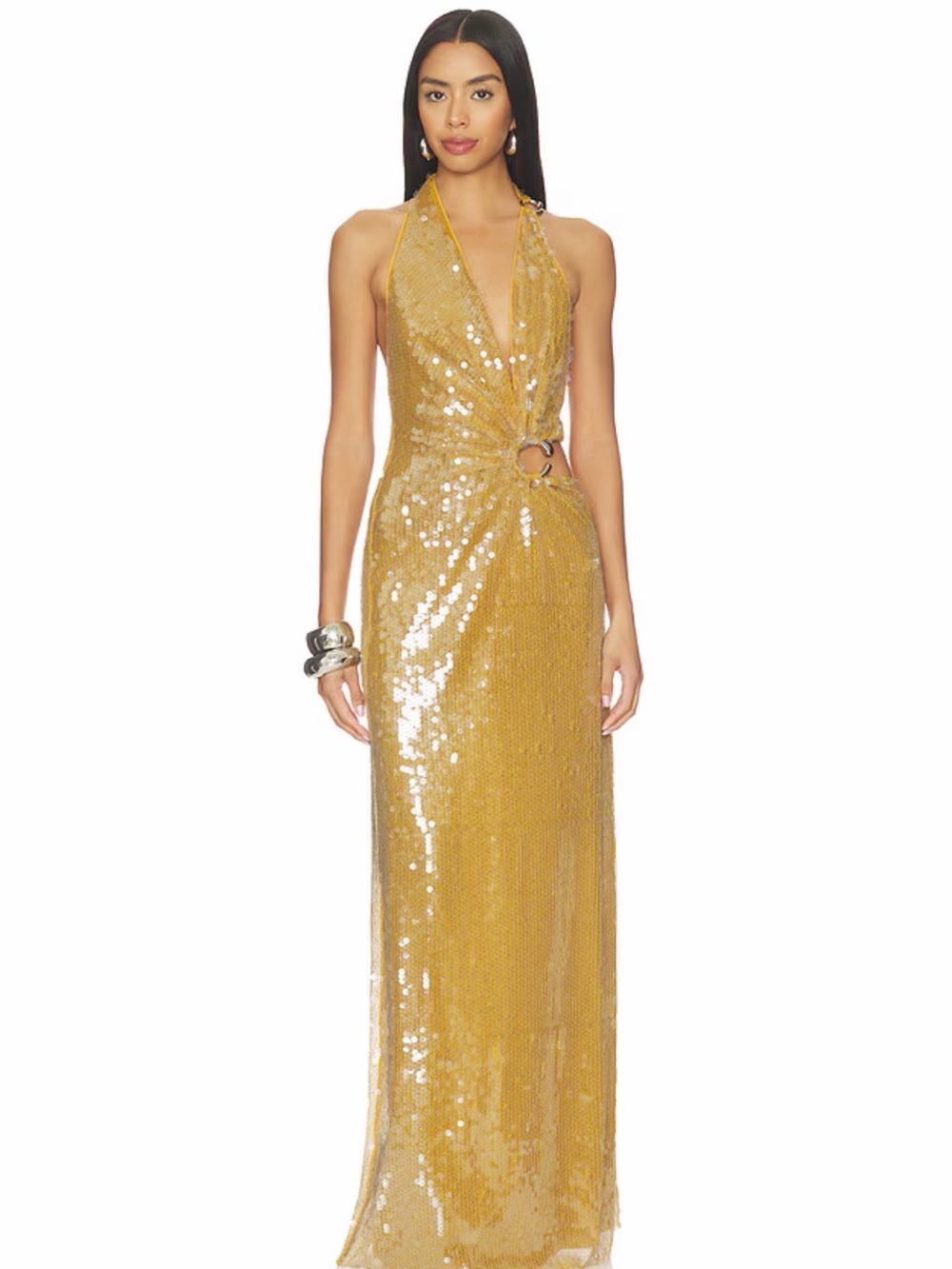 MISHA Gold Sequin Halter Gown with Side Ring Detail Size small